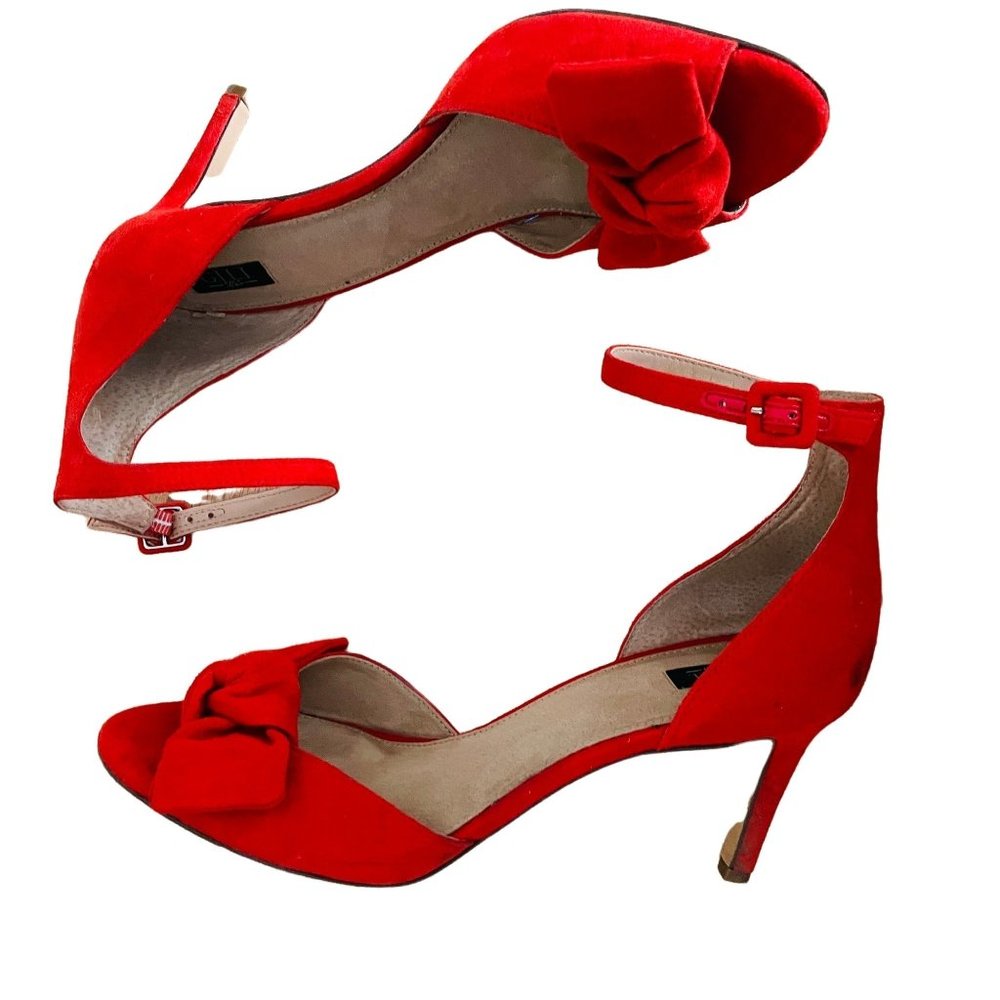 G.I.L.I. Stitch Fix Women's Red Open Toe Faux Suede Bow Heels Shoes Size 9